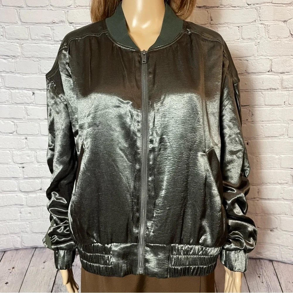 New Free People Movement Relay Zip-Up Olive Satin Bomber Jacket Size M